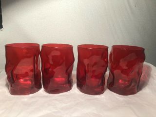 Vintage Mid Century Blenko (?) Ruby Red 4 1/4” Tumblers Pinched Dimpled Glasses
