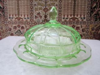 Green Depression Covered Candy Dish,  Butter Dish.  Glows,  Bubbles,  Flame Finial Read