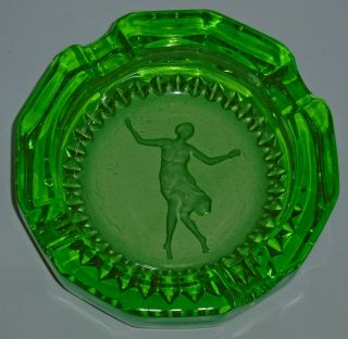 Great Vintage Art Deco Uranium Green Heavy Glass Dish Ashtray With Dancing Lady