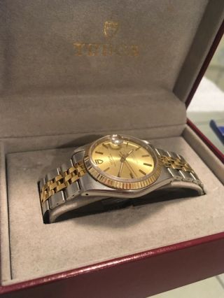 Tudor Rolex Prince Date Automatic Watch Two Tone 18k Gold Steel 74033 34mm