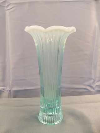 Fenton Aqua Blue - Green Opalescent Glass Vase W/ Ribbed Design