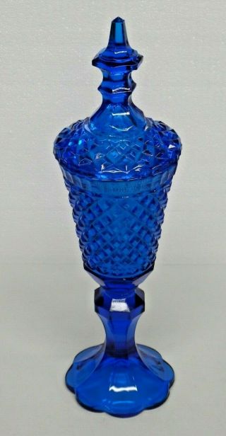 Vintage Indiana Glass Tall Compote Candy Dish With Lid Cobalt Blue Diamond