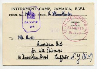 Jamaica 1942 German Prisoner Of War Internment Camp Acknowledgement Card To Usa