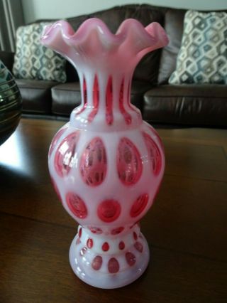 1947 - 58 Fenton Art Glass Coin Dot Cranberry Opalescent Vase Ruffled Top