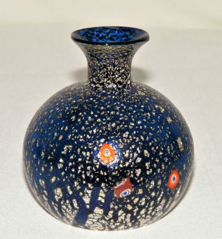 Vintage Murano Cobalt Blue Silver Millefiori Art Glass Bud Vase Blown Italy Ex