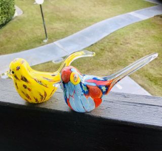 2 Vintage Murano? Glass Art Birds Long Tail Millifiore Figurines Paperweights