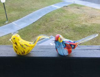 2 Vintage Murano? Glass Art Birds Long Tail Millifiore Figurines Paperweights 2