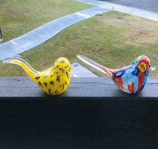 2 Vintage Murano? Glass Art Birds Long Tail Millifiore Figurines Paperweights 3
