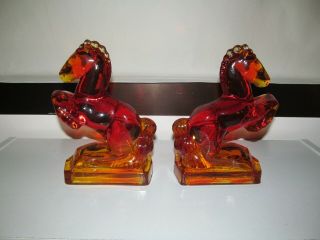 Set Of Two (2) Vintage L.  E.  Smith Amberina Red Glass Rearing Horse Bookends