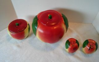 COLLECTIBLE VTG 1950 ' S HULL POTTERY APPLE COOKIE JAR CANISTER SALT & PEPPER 4 PC 2