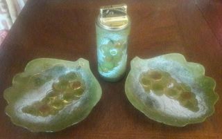 Sasha Brastoff Enamel Table Lighter And Dish Set Green And Gold Grape Pattern