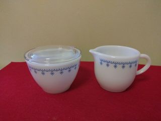 Vintage Pyrex Tableware By Corning Blue Snowflake Garland Cream & Sugar With Lid