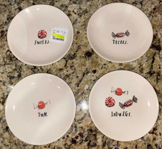 Rae Dunn Peppermint Treat 4 Appetizer Plates Christmas Holiday Sweet Yum Magenta