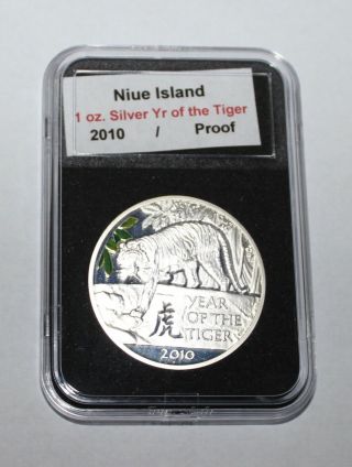 2010 Niue $1 Fine Silver Year Of The Tiger 1 Oz.  Color Bu Coin In Holder - - Nr