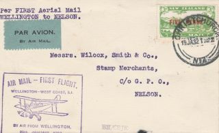 Zealand 12 - 1932 First Flight Cover Wellington To Nelson With Cachet