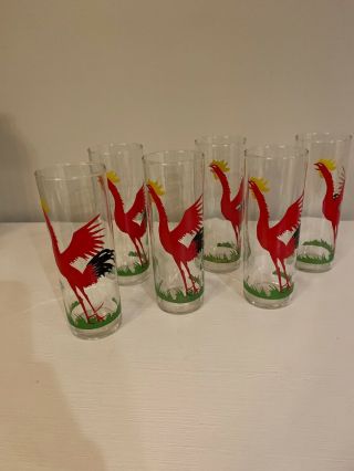 6 Vintage 1960 Federal Red Crowing Rooster Tom Collins Iced Tea Cocktail Glasses