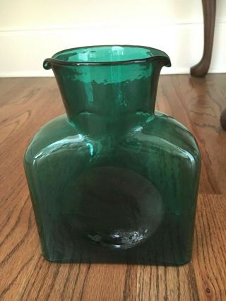 Blenko Art Glass Double Spout Water Bottle Jug Pitcher Decanter Emerald Green