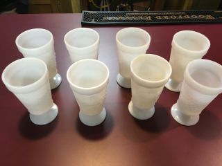 Set Of 8 Vintage White Milk Glass Grapes Short Stemmed Drinking Glasses