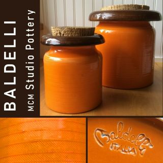 Pair Baldelli Vintage Mcm Orange Textured Jar Italy Studio Pottery Xl Cork Lid