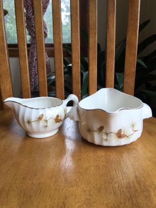 W.  S.  George Pine Cone Branch Gravy Sauce Boat And Creamer Vintage Mcm