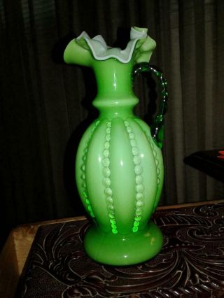 Vintage Fenton Green W White Overlay Pitcher/vase Beaded Melon Ruffle Tall