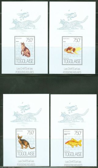 Togo 2013 Cats And Gold Fish Set Of Four Souvenir Sheets Nh