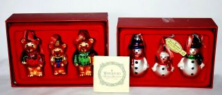 Waterford Holiday Heirlooms 3 Snowman Ornaments & 3 Teddy Bear Ornamnts Nib