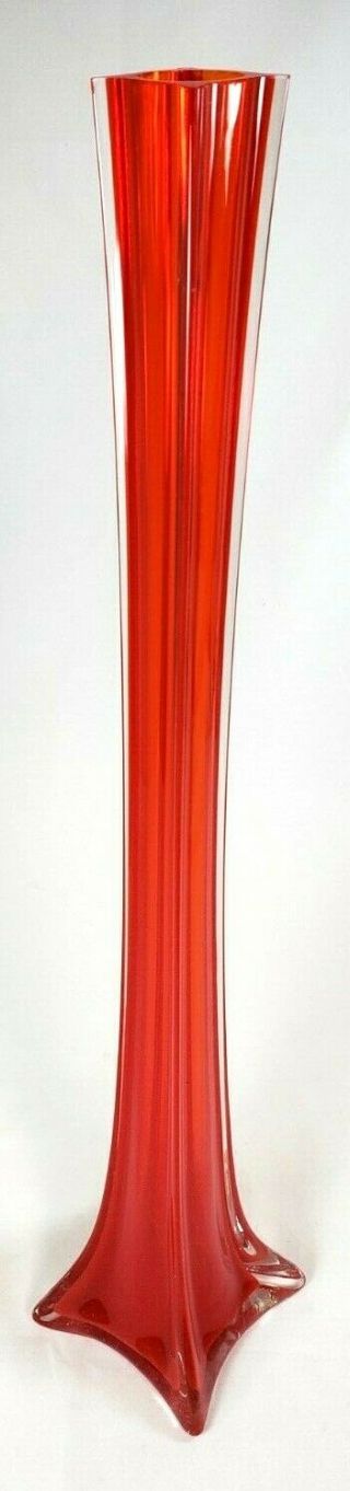 Vintage Art Glass Vase Mid Century Modern 19 3/4 " Bright Orange Hand Blown Tall