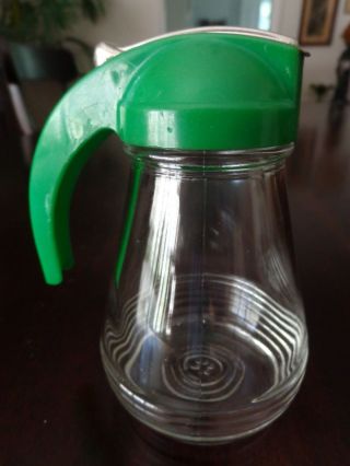 Vtg Federal Tool Corp Syrup Dispenser Clear Glass Pitcher W Green Spring Lid