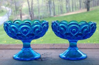 2 Vtg L E Smith Moon And Stars Blue Candle Holder / Compote