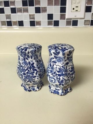 Vintage Blue & White Chintz Floral Salt And Pepper Shaker Pair 4 "
