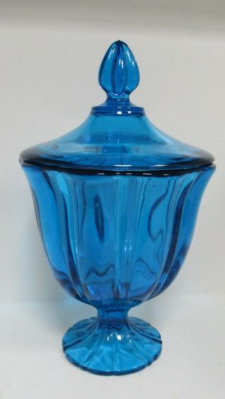 Mid Century L E Smith Glass Blue Candy Dish Jar W/lid Xlarge
