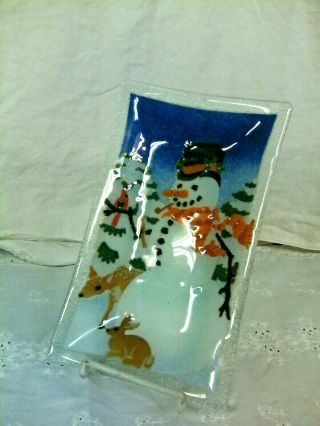 Collectible Peggy Karr Fused Glass Snowman Tray/ Signed