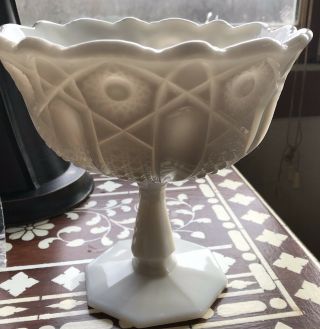 Vintage Large Ornate Milk Glass Pedestal Fruit Bowl 7 1/4 X 7 1/2”