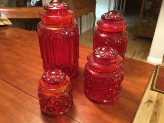Set Of 4 Vintage L.  E.  Smith Amberina Red Moon And Stars Apothecary Canister Jars