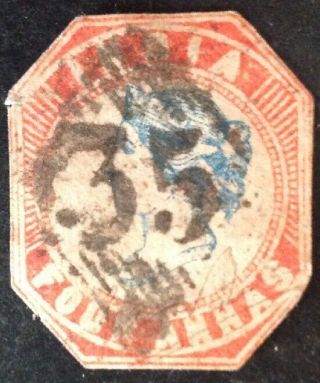 India 1854 Four Annas Blue & Red Stamp Cut To Shape