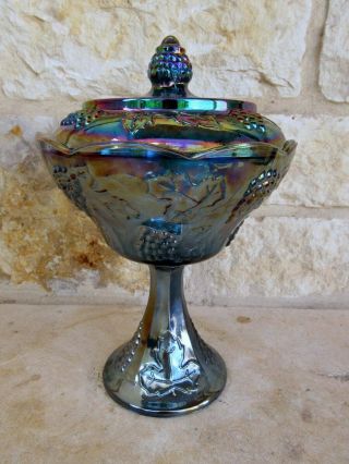 Indiana Iridescent Blue Harvest Grape Carnival Glass Candy Compote W/lid