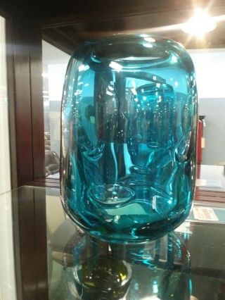 Vtg Possible Blenko Blue Ccntrolled Bubble Hand Blown Glass Vase Mcm 8 "