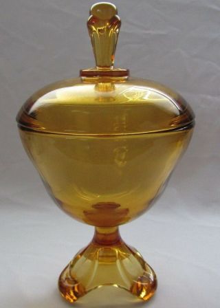 Viking Art Glass Covered Epic Covered Three Toed Compote Amber
