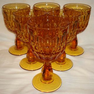 6 Vintage Fenton Amber Glass Colonial Thumbprint 6 ½” Footed Stem Water Goblets