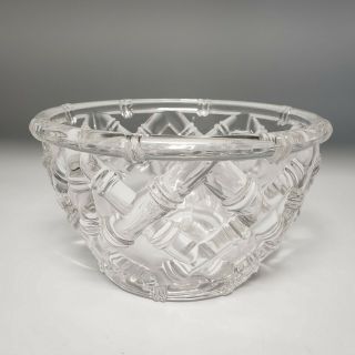 Tiffany Co.  Crystal Glass Bowl Dish Signed Etched Basket Weave Bamboo 6 "