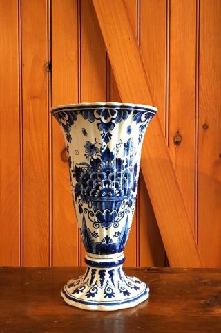 Vintage Dutch Delft Blue White Floral Vase Hand Painted Signed