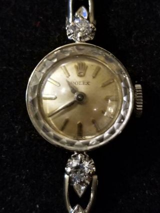 Vintage Ladies Rolex Watch In 14 K White Gold With Diamond Band