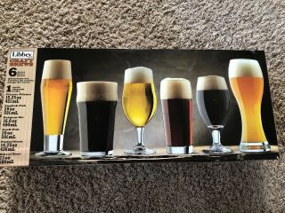 Nib Libbey Craft Brews Glass Set Of 6 Assorted Beer Glasses,