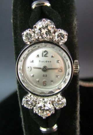 Vintage Bulova 23 Jewels 14k White Gold & Diamonds Ladies Cocktail Watch 1967