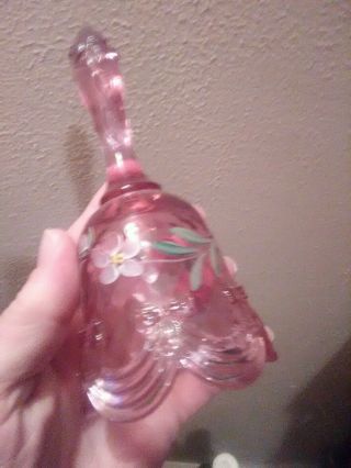 Vintage 1995 Fenton Hand Painted - Artist Signed Pink Bell With Drapery Pattern