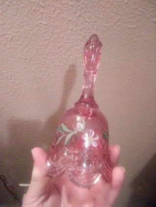 VINTAGE 1995 FENTON HAND PAINTED - ARTIST SIGNED PINK BELL WITH DRAPERY PATTERN 3
