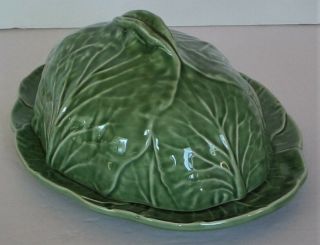 Oval Dome Lid Covered Butter Dish - Cabbage Green By Bordallo Pinheiro,  Portugal