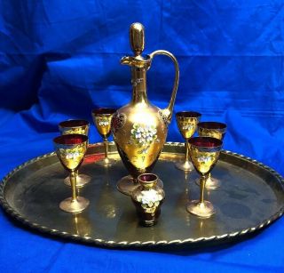 Vintage Ruby Red Gold Liquor Jug Decanter Flowers & 5 Cups Set With Tray