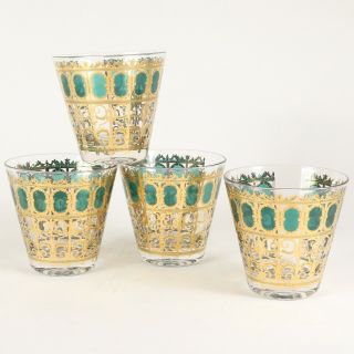 4 Culver Double Old Fashioned Glasses Green Gold Scroll Pattern Mcm Rocks Bar